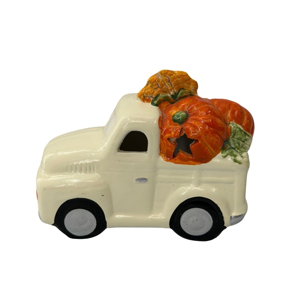 Ceramic Harvest Truck Pumpkin Sunflower Fall Decor Light Up Figurine Cream 4"